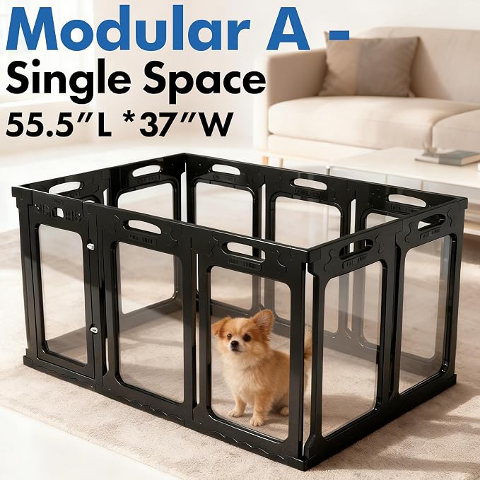 Clear Acrylic Indoor Dog Playpen, 30" H, 10 Panels, Black | Open View, Modern Home Fit, No Climbing Bars, Tool-Free Setup, For Puppies & Small Dogs