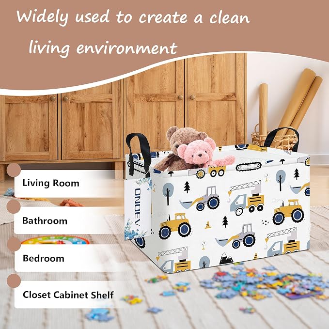 Rectangular Storage Bin, Foldable Construction Truck Excavator Basket | Damp-proof canvas with reinforced stitched handles.Great for clothes,books & sundries in closets,playrooms,laundry rooms.