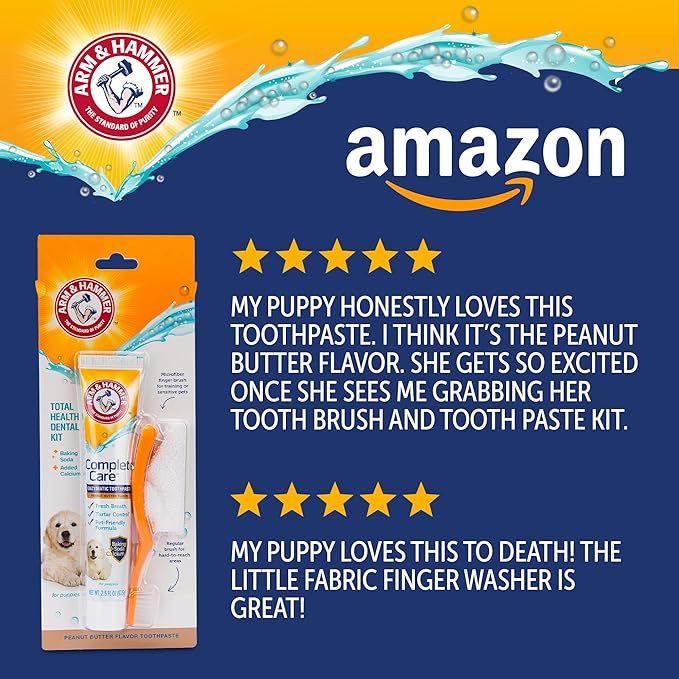 Arm & Hammer Complete Care Puppy Dental Kit, Enzymatic Toothpaste with Baking Soda and Calcium for Dogs, Peanut Butter Flavor, Toothbrush and Microfiber Brush Included, Fluoride-Free, 2.5 Oz