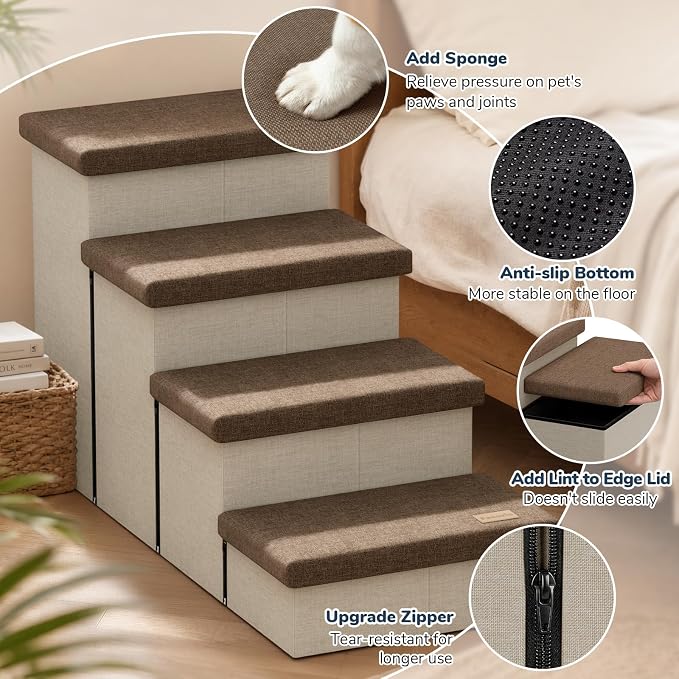 4-Step Wide Dog Stairs with Hidden Storage 23" H, Non-Slip Dog Steps for High Bed Couch Car, Jiont-Friendly Pet Stairs Ramp for Small/Medium/Large Old Dogs Cats Up to 220lbs, Beige&Coffee Lid