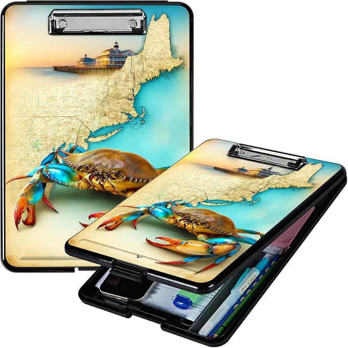 Heavy Duty Storage Clipboard, Slim Nursing Clipboard with Internal Pen Case, Portable File Organizer Case for A4 Letter Size Paper Office Medical Professionals, Map Crab