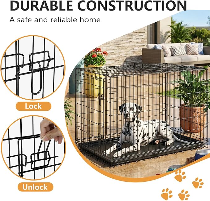 FDW Dog Crate 48-Inch Dog Cage Foldable Metal Kennel with Leakproof Tray Foldable Design Indoor Outdoor Use for XL Large Dogs,Dark Black