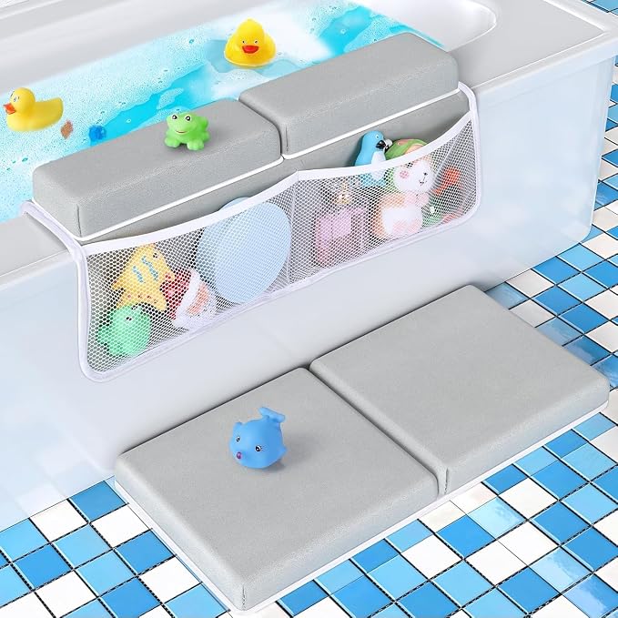 Tiikiy 1.5" Extra Thick Baby Bath Kneeler and Elbow Rest Set, Memory Foam Pad with 4 Organizer Pockets, Comfort Support for Bathing Baby & Pets - Gray Green