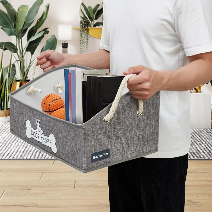 Dog Toy Basket, Storage Bin, Collapsible Box for Pet Accessories | Fabric Container With Handle, Trapezoid Holder for Small Medium dogs, Organizer for Living Room, Gray