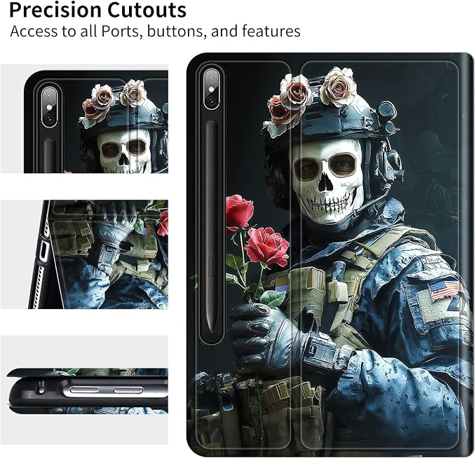 Case for Samsung Galaxy Tab S10+ Plus 2024/ S9 FE Plus/ S9 Plus 12.4" 2023 | Slim Leather Smart Cover with Multi-Angle Anti-Slip Stand [Auto Wake/Sleep] Shell for Women Men, Skull Man Flower