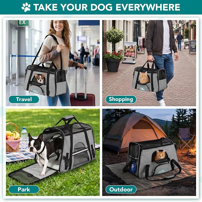 PetAmi Airline Approved Pet Carrier for Cats Small Dogs, Small Heather Gray | Soft Sided TSA Travel Bag, Sherpa Bed, Breathable Mesh Ventilation, Collapsible Bowl, Fits Under Seat, Up to 18 lbs
