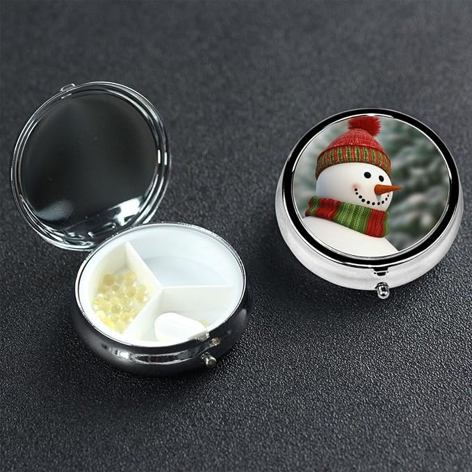Round Pill Box Smile Gaze Snowman Pill Case for Purse & Pocket 3 Compartment Pill Organizer Portable Travel Pillbox Medicine Pill Holder Container for Daily Vitamin Cod Liver Oil Storage