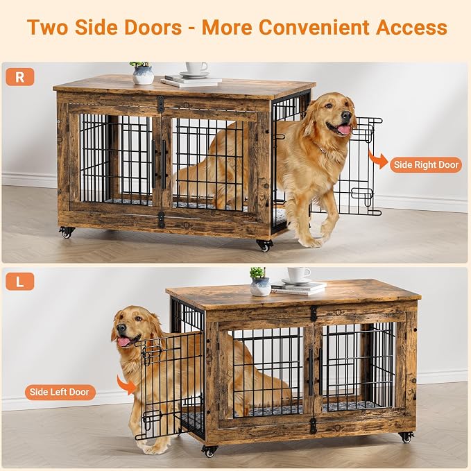 Large Dog Crate Furniture, 38'' Heavy Duty Wood Kennel w/Cushion & Wheels | Rustic Brown, Double Doors, Wooden Dog Cage, Chew-Resistant, End Table, Decorative, 27"/32"/38"/44" Options, Indoor