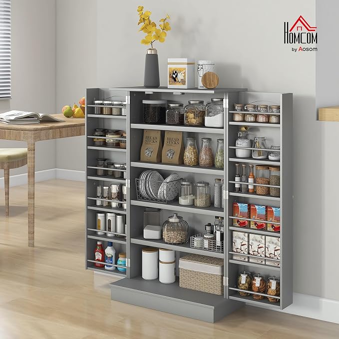 HOMCOM 41" Kitchen Pantry Storage Cabinet 12 Door Shelves Double Doors Gray | Freestanding Kitchen Cabinet, 2 Doors, 5-Tier Shelving, Adjustable Shelves