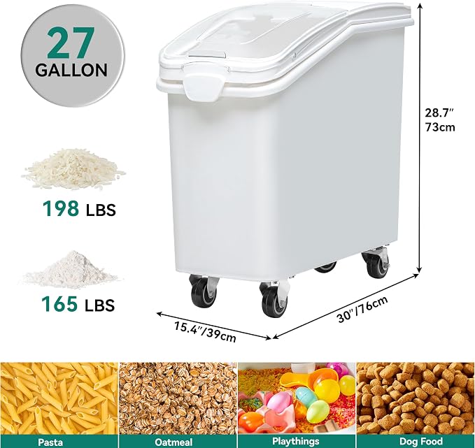 YITAHOME 27 Gallon Ingredient Bin, Commercial Food Container with 625 Cups, Large Flour Storage Container Bin with 360° Wheels, Scoop and Lid for Kitchen, White