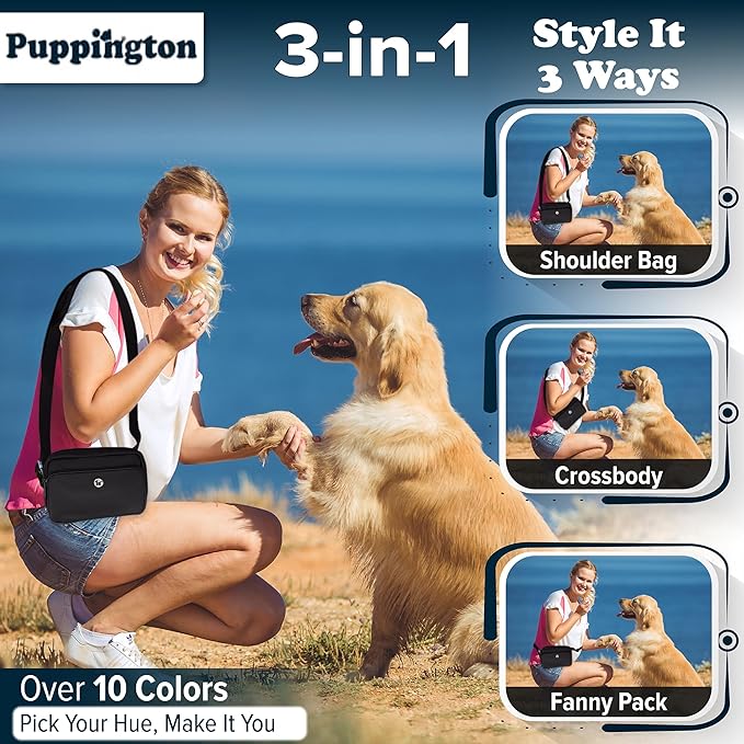 Puppington 3-in-1 Crossbody Dog Treat Pouch for Pet Training - Compostable Poop Bags, Built-In Poop Bag Dispenser, Slow-Feeding Travel Dog Bowl & Reflective Leash - Dog Walking Bag (Onyx Black)