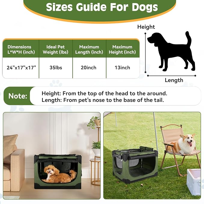 24" Small Dog Crate,Portable Crate for Small Dogs, Portable Travel Pet Crates,Soft Dog Crate Collapsible Dogs Crate,with 4 Mesh Doors, Foldable Car Kennel for Puppy with Handle for Outdoor - Green