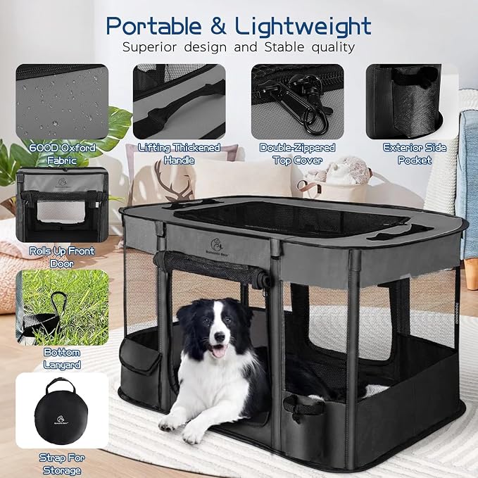 ROMANTIC BEAR Dog Playpen,Foldable Pet Puppy Cat Playpen,L(40"x32"x24") | Dog Crate with Upgrade Breathable Mesh and Durable 600D Oxford Cloth,Sturdy Dog Cage Indoor & Outdoor for Small Animals,Grey