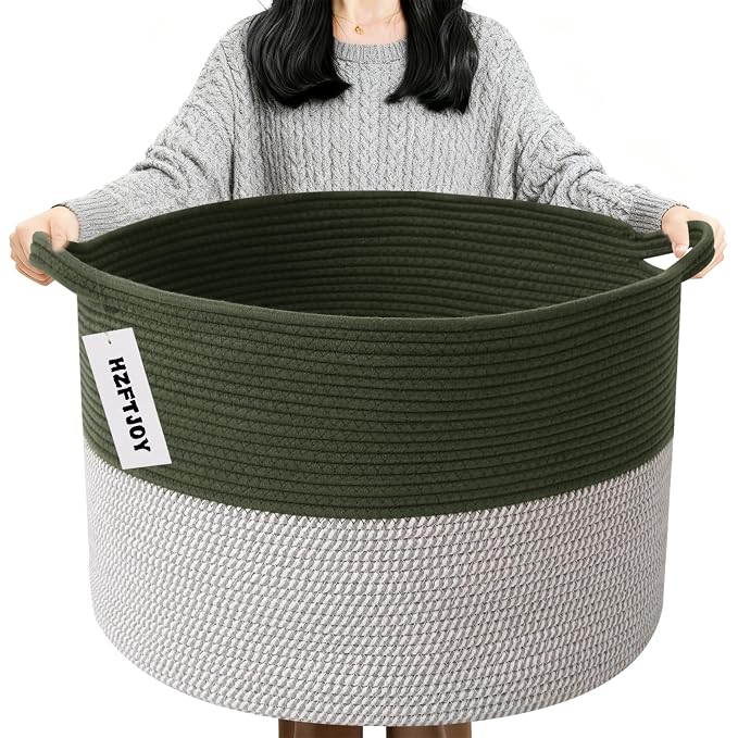 90L Extra Large Blanket Basket,Woven Laundry Basket-Green&White | Collapsible, reinforced handles, nursery storage bin organizes clothes, toys and pillows for living room, bedroom bathroom
