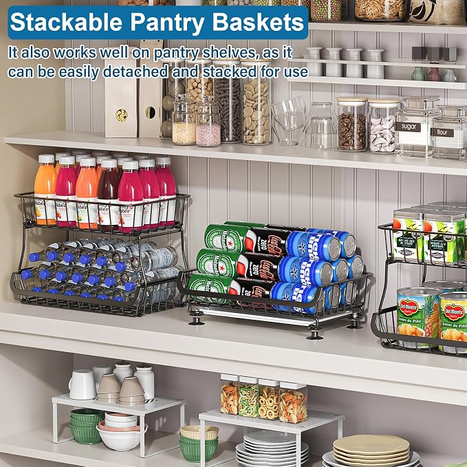 OKZEST 3-Tier Rolling Pantry Floor Organizers and Storage Cart with Wheels | Fits under pantry shelf, Stackable kitchen pantry baskets with dirt catch tray, Holds drink, snack, can, potato, onion, fruit