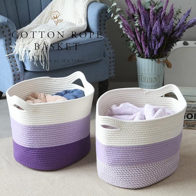 Sea Team Large Woven Cotton Rope Laundry Basket with Handles, 16 x 13 in | Collapsible Knitted Hamper, Closet Shelf Organizers, Containers for Clothing, Blankets, Toys, Bedding, Lavender