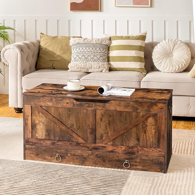 HOOBRO Storage Chest, 39.3" Toy Chest with Drawer, Wooden Storage Bench, Sturdy Entryway Bench Supports 220 lb, Shoe Bench, Safety Hinge, U-Shaped Opening, Easy Assembly, Rustic Brown FG710CW01G2