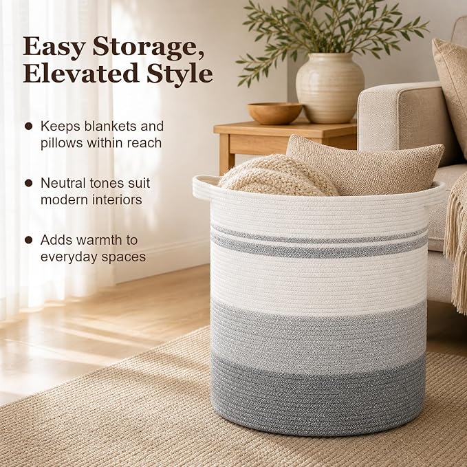 OIAHOMY 60L Laundry Basket Laundry Hamper Nursery Hamper Gradient Gray | Tall Dirty Clothes Hamper with Handle,Blanket Basket,Decorative Basket for Living Room,Storage Basket,Toy Storage
