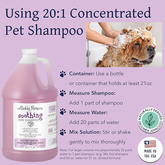 Bobbi Panter Soothing Dog Shampoo Tea Tree, Lavender, Cucumber & Oat Protein – Natural Formula for Sensitive Skin & Irritation Relief, Tear-Free, 30:1 Concentrate, 1 Gallon (Case of 4)