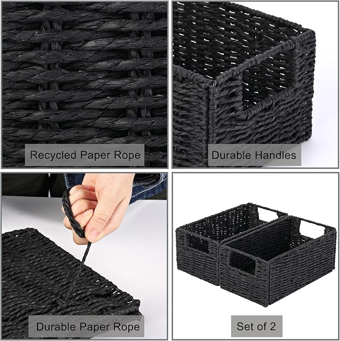 Vagusicc Wicker Storage Basket, Set of 2 Black Wicker Baskets for Bathroom | Hand-Woven Wicker Small Storage Baskets for Organizing Toilet Paper, Foldable Large Cube Storage Organizer Bin for Shelves