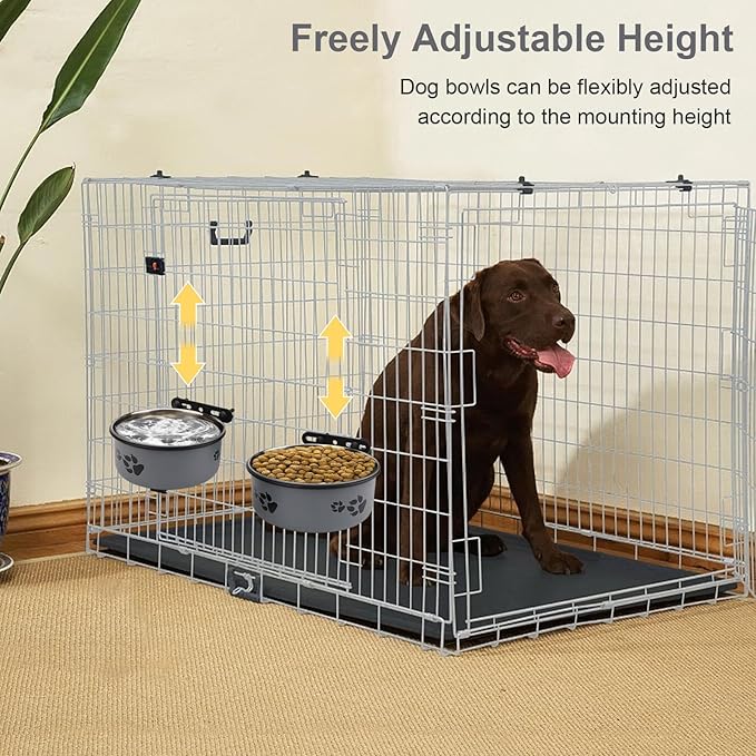 Stainless Steel Dog Crate Bowls Hanging No Spill 2 PCS - Adjustable Mountable Kennel Bowls for Medium/Large Dogs, Anti Spill Water & Food Bowl Set (Gray, L(6.3"+7.1"))
