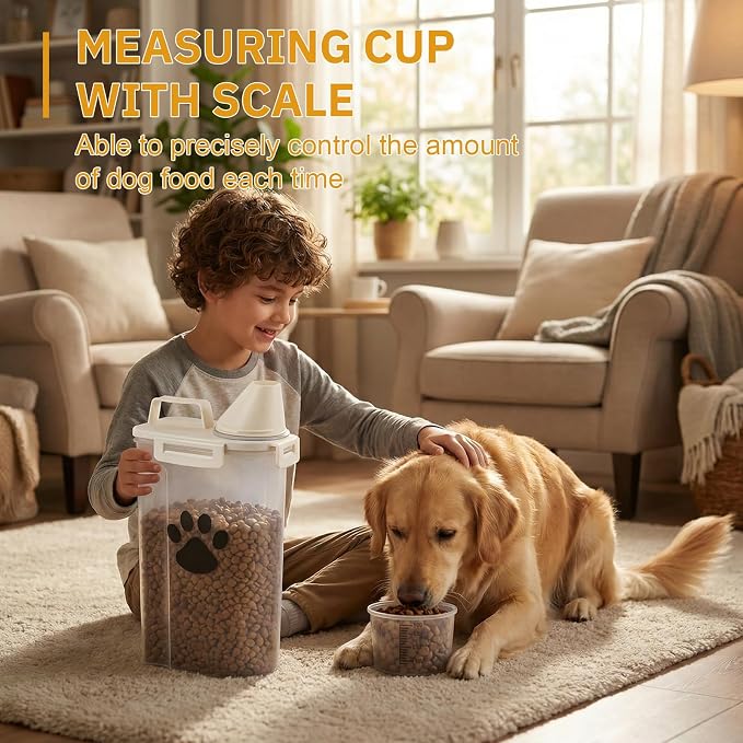 2 Pack Upgraded Dog Food Storage Container with Measuring Cup, Portable Pet Food Containers with Upgraded Large Spout and Cup for Dogs, Cats, Birds, Small Animals (Cream)