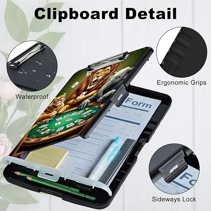 Elephant Lion A4 Clipboard with Storage Pen Holder, Clipboards Organizer Nursing Clipboard Foldable File Folder Plastic Clipboard Folio Clip Board for Office Students Classroom Doctor