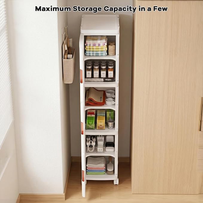 3-Tier Tall Narrow Plastic Storage Cabinet of 2, Foldable | Rolling Organizer with Lid,Doors,Stackable, Adjustable Shelves, Durable PP,Freestanding Bathroom Cabinet for Small Slim Space