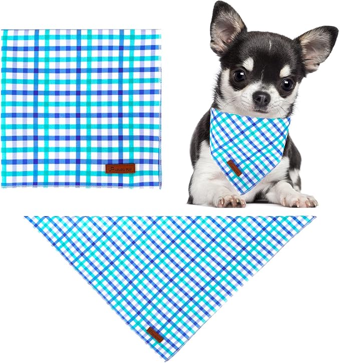 Summer Dog Bandana, Comfortable Cotton Grid Triangle Bid Scarf for Medium Large Dog, Washable Pet Kerchief for Boy Girl Dogs,Blue and White Cute Bandana Dogs,Cute Classic Puppy Bid Scarf