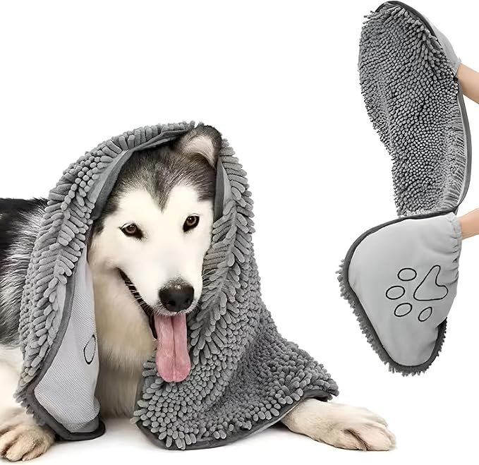 Super Absorbent Dog Drying Towel - 24.4''x10'' Chenille Microfiber Pet Bath Towel with Dual Hand Pockets, Quick Dry Soft Grooming Towel for Small Medium Large Dogs and Cats, Machine Washable (Gray)