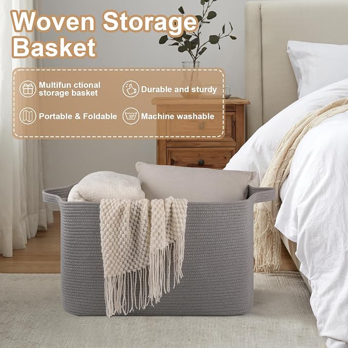 OIASKET Extra Large Blanket Basket, 24" x 16.9" x 14.2" Woven Basket | Woven Storage Basket for Living Room, Rectangle Nursery Blanket Storage for Toys, Towels, Dirty Clothes