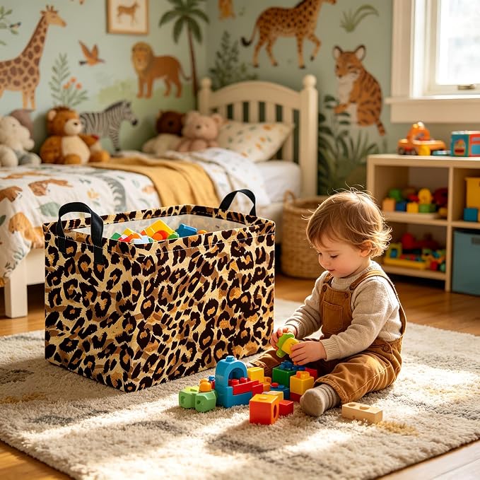 Rectangular leopard print baskets,Kids Storage Bins,Collapsible Canvas Waterproof Storage Bin for Girls,Cute Organizer Box,Book baskets,baby room Decor(Leopard Print)