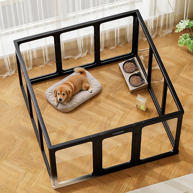 Jalove 24" Clear Acrylic Dog Playpen Indoor, 12 PCS Relieves Pet Anxiety | Ideal for Small Dogs,Puppy Playpen with Door, Rabbit Pet Play Pen,Easy Assemble Dog Crate Whelping Cage Enclosure, Black