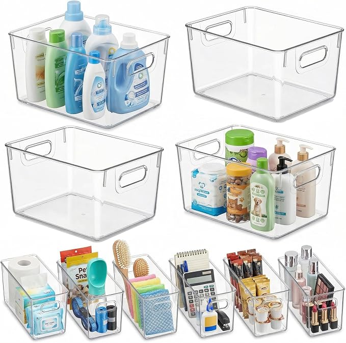 MOONEDGE 10 Pack Clear Plastic Storage Organizer Bins, 4 Large & 6 Narrow | Under-Sink Storage Containers, Kitchen, Pantry, Bathroom, Cabinet Organization, Clear Bins for Organizing, Deep Narrow Bins