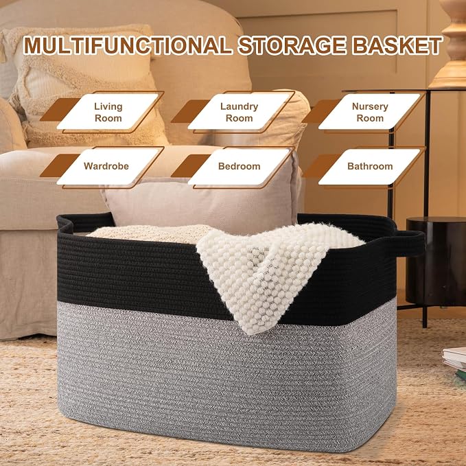 OIASKET 90L Extra Large Blanket Basket Living Room, 24"x16.9"x14.2" | Rectangle Woven Laundry Hamper, Nursery Blanket Storage Living Room, Toy Storage With Handle, Large Baskets for Organizing
