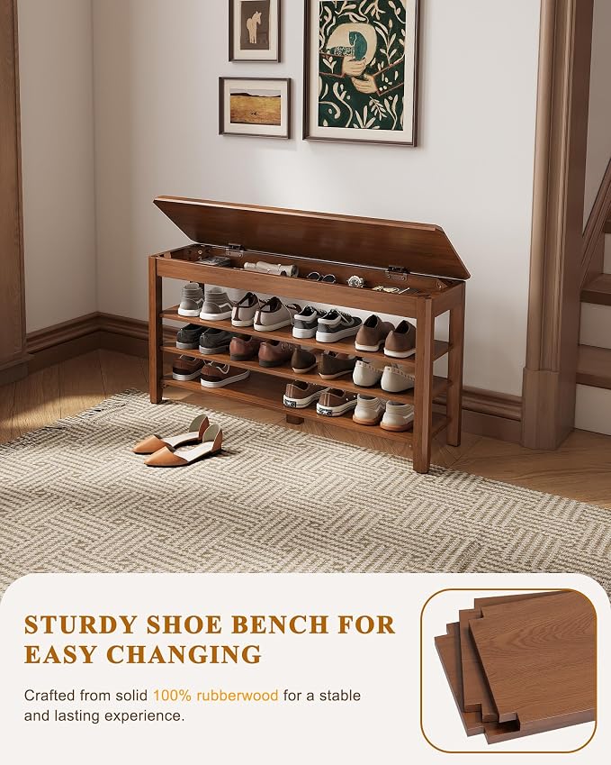 IUNVR Shoe Rack Bench Seat Rubberwood 3-Tier Wooden Storage Bench 550lbs Compact Mid-Century Modern Design for Entryway, Hallway, Closet, Front Door Entrance, Foyer