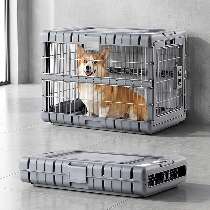 ZOMISIA Collapsible Dog Crate for Dogs - 28" L Heavy Duty Dog Kennel No Tools Required with 4 Sides Steel Foldable Cage for Dogs Indoor Furniture, Portable Carrier with 2 Smooth Wheels, Gunmetal