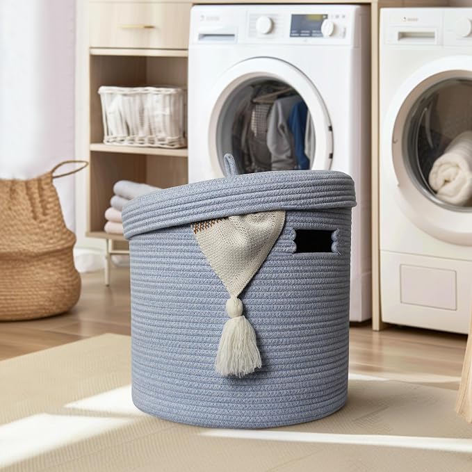 Storage Basket with Lid, Woven Blanket Storage for Living Room, Soft Cotton Rope Bin with Lid, Round Wicker Laundry Basket with Cover, Lidded Kid Dog Toy Box, Nursery Organizer, 15"x13", Blue