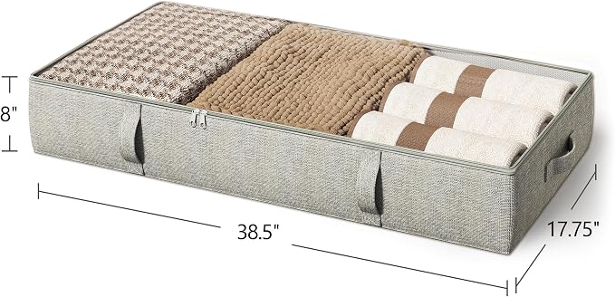 2-Pack Under Bed Storage Containers, 8 Inches Tall Clothes Storage, Gray | Large Capacity Collapsible Underbed Organizer with Sturdy Sidewalls/Bottom, Cotton Linen Bins, For Seasonal Clothes & Bedding