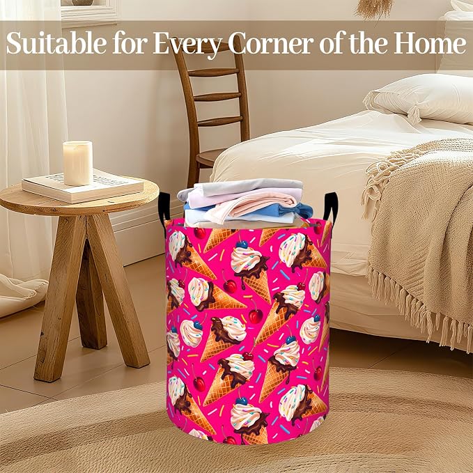 Ice Cream Laundry Basket, Colorful Dessert Foldable Oxford Cloth, Waterproof Dirty Clothes Hamper with Handles, Clothing Storage Bin Toy Organizer for Bedroom Dorm Bathroom, 19.7"x15.7"