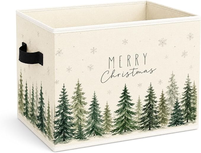 Merry Christmas Forest Storage Bin, Fabric Organizer | Merry Christmas forest storage bin with pine trees and snowflakes for toys, books, clothes, blankets, shelves, and closets.