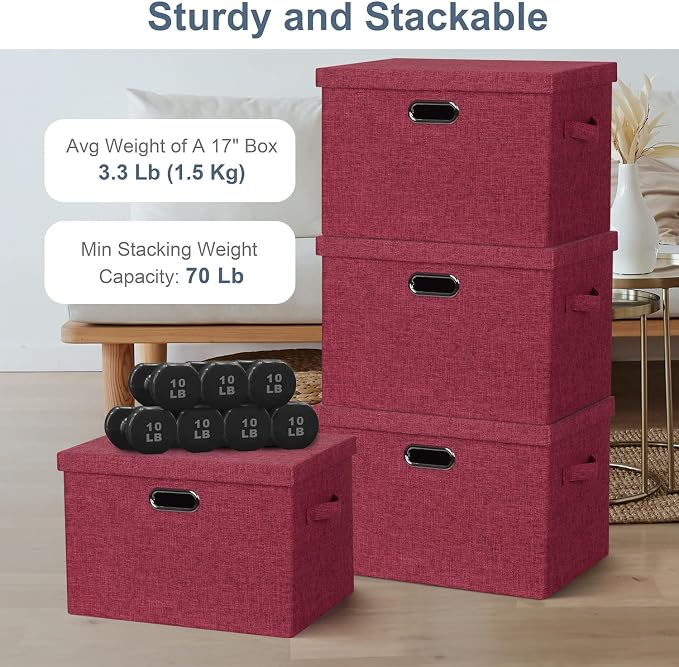 Storage Bins with Lids Fabric Closet Organizers Cubes Office Organization | 36 Quart 3 Pack Bright Red Collapsible Stackable Linen Fabric 4 Handles Bedroom Closet Cabinet Under Bed Clothes Toy Office