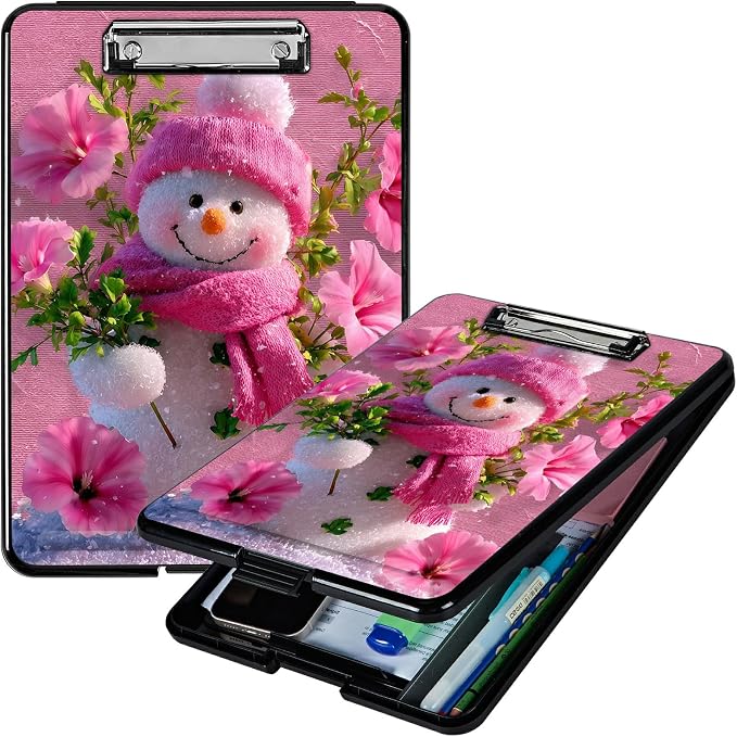 Heavy Duty Storage Clipboard, Slim Nursing Clipboard with Internal Pen Case, Portable File Organizer Case for A4 Letter Size Paper Office Medical Professionals, Pink Flower Snowman