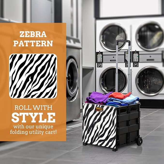 Ultra-Slim Rolling Collapsible Storage Pack-N-Roll Utility-carts, with Telescopic Handle, for Home, Garden, Shopping, Office, School use, Large, Zebra