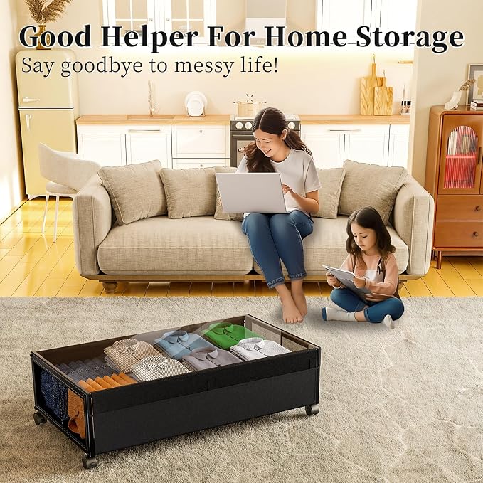Simple Trending Under Bed Storage Containers with Wheels, XXL 77L Under Bed Shoe Organizer Drawer with Clear Lid, Rolling Storage Containers for Shoes, Clothes, Black