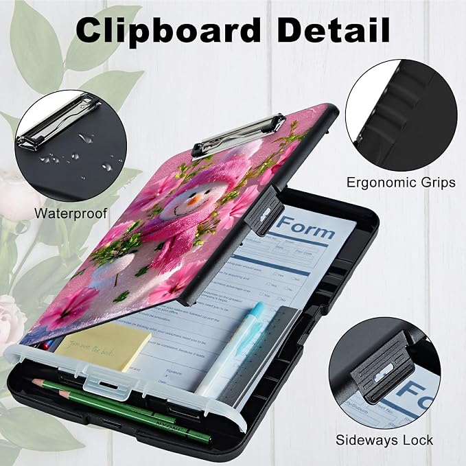 A4 Clipboard with Storage Pen Holder, Clipboards Organizer Nursing Clipboard Foldable File Folder Plastic Clipboard Folio Clip Board for Office Work Classroom Doctor, Pink Flower Snowman