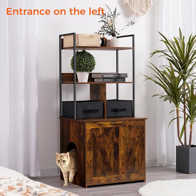 Dwanton Cat Litter Box Enclosure, 2 Storage Shelves and 2 Drawers, 50" H | 2-in-1 Hidden Cat Litter Box Enclosure Furniture with Shelf, Metal Frame, Reversible Entrance, Washable Drawers, Rustic Brown