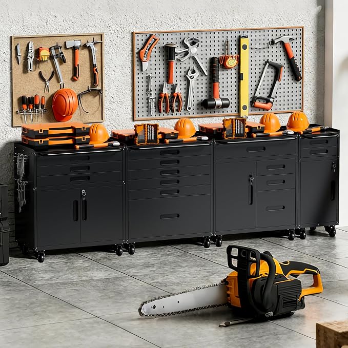 Metal Storage Cabinet for Garage, Tool Cabinet, Utility Cabinet | Wheeled, Rolling Tool Cabinet, 6 Drawers, Top Countertop, Pegboard, Assembly Required, Black