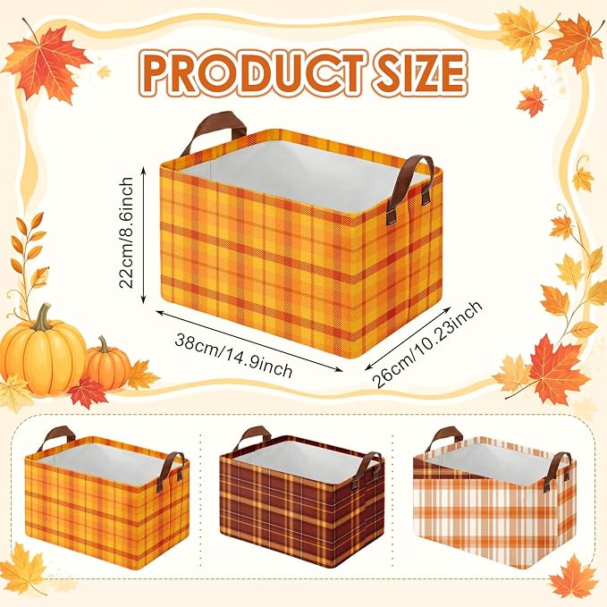 Britimes Fall Storage Baskets for Gifts, Fall Toy Storage Bins Box, 3 Pcs | Thanksgiving Autumn Orange Canvas Collapsible Baskets Organizer with Handles Nursery Decor Laundry Basket for Shelves Closet