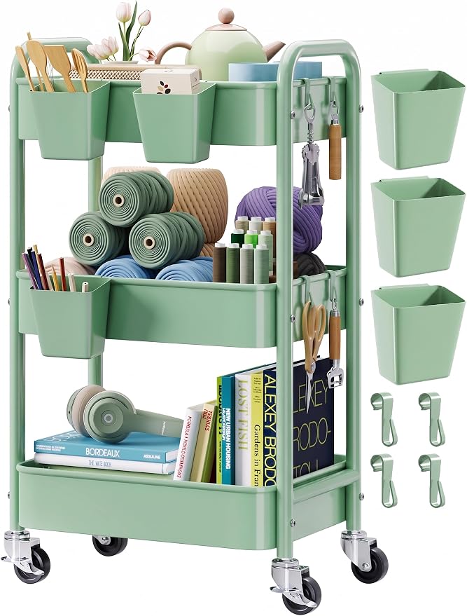 3 Tier Rolling Storage Cart Metal with Wheels, Green Baby Diaper Caddy Carts, Three Tiered Craft Cart Organizer on Wheels, Utility Roller Trolley for Art, Book, Snack, Office, Laundry, Bathroom Shelf